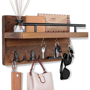 OurWarm Wall Mounted Key Holder/Hangers for Wall Decorative with 5 Key Hooks, Wooden Mail Rack Organizer with Shelf, Rustic Home Decor for Entryway Mudroom Hallway Office, Brown