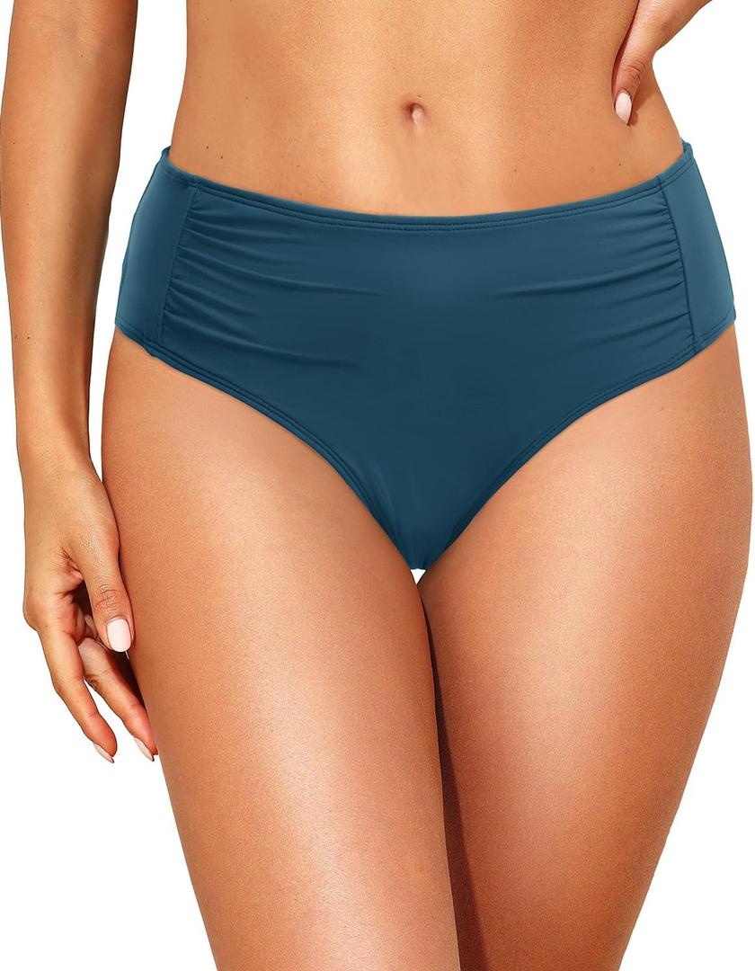 Talisea Women Full Coverage Bikini Bottoms - Mid Rise Bathing Suit Ruched Swim Bottom Swimsuit Swimwear (Small, Teal)