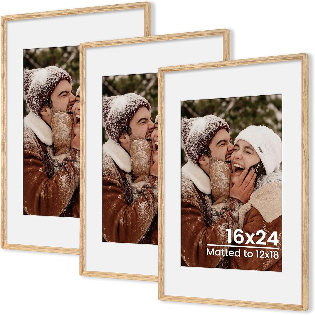 Axeman 16x24 Natural Solid Oak Wood Picture Frame with 12x18 Mat, Premium Rustic Wooden Photo Frames with Tempered Glass, Poster Photo Frame for Gallery Wall Hanging, 3 Packs