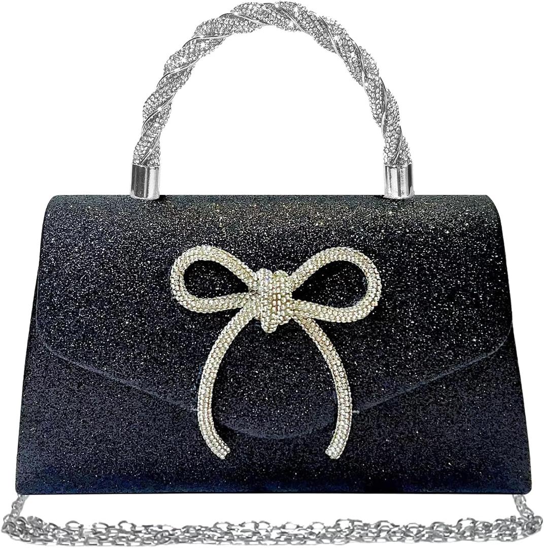 Women Evening Bag Sparkly Bow Clutch Purses Wedding Glitter Rhinestone Clutch Bags Dressy Handbags for Party, Prom (Black)