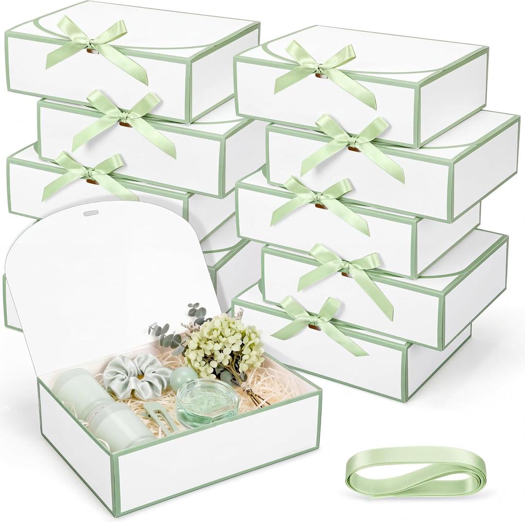 Silkfly 12 Pcs Bridesmaid Proposal Box with Ribbon, 10.6 x 8 x 3.15 Inch Gift Boxes with Lids Paper Gift Boxes for Wedding Baby Shower Birthday Party Present Packaging(White,Sage Green)