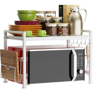 Extendable Microwave Oven Rack - Adjustable Kitchen counter shelf, 2 Tier Microwave Stand (L15.7~23.6" xW12.8 xH17.7) with 6 Hooks for Kitchen Countertop Organizer (White)