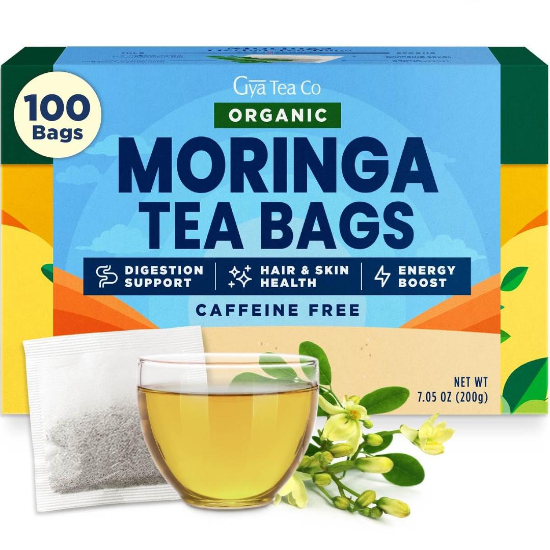 Gya Tea Co Moringa Leaves Herbal Tea Bags (100 Bags) - Caffeine Free with a Tangy Flavor for All Day Comfort, Calming, Relaxing & Nourishing - Fruit & Herbal Blends (EXP 12/01/27)