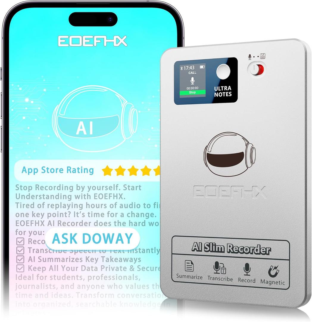 AI Voice Recorder, Transcribe & Summarize with Deep AI Analysis, Support 152 Languages, App Control, AI Noise Cancellation, Upgraded Built-in MagSafe, 64GB Audio Recorder for Meetings, Lectures, Call (Silvery)