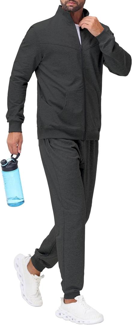 JWM Men's Cotton Sweatsuit Set - Full Zip Hoodie & Jogger Pants Soft Casual Loungewear Gym Travel Outfit with Zipper Pockets (Dark Grey)