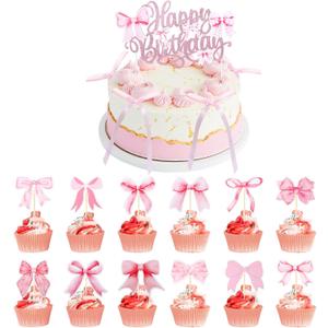 Pink Bowknot Cake Toppers and Picks, 19 PCS Bow Cupcake Toppers Pink Bow Birthday Decorations, Bows Decorations for Baby Shower Birthday Wedding Bachelorette Party Supplies