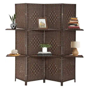 4 Panels Room Screen Divider Hand-Woven Design Room Divider 6 Ft High Fiber Freestanding Privacy with Wooden Removable Storage Shelves Screen Suitable for Living Room and Study, Brown