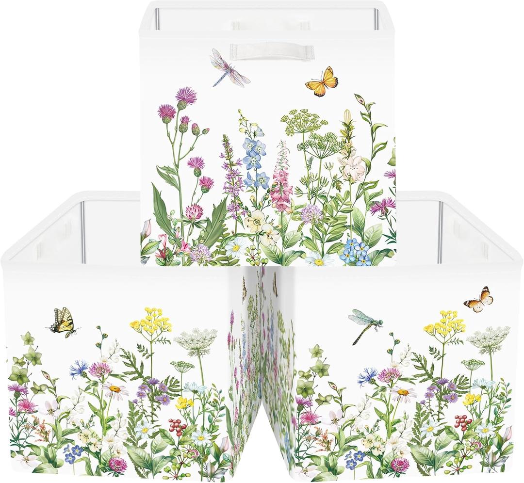 Clastyle Flowers Storage Cube Organizer Set Handle Closet Clothes Cube with Metal Frame Foldable Parents Organizer Storage Basket for Book Toy,Green,11.8x11.8x11.8 in