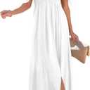 Happy Sailed Women's 2025 Summer Smocked Off The Shoulder Maxi Dresses Ruffle Short Sleeve A Line Side Slit Sundress (Medium)