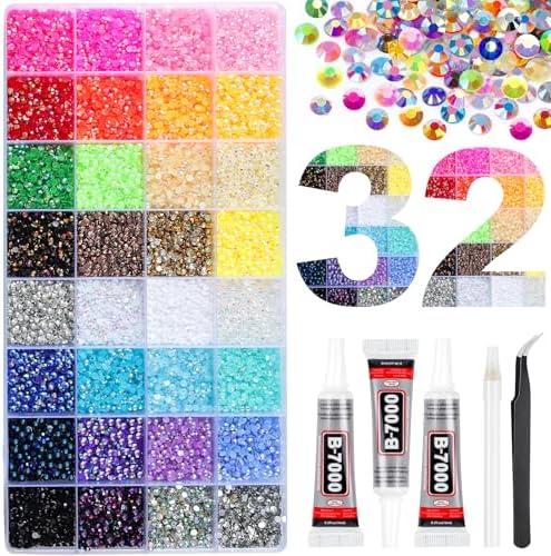 37000Pcs 32 Colors Resin Jelly Rhinestones for Bedazzling, 3mm Multicolor Flatback Gems for Crafting, Bedazzler Kit with 3Pcs B7000 Jewelry Glue for Clothes Crafts Shoes Decor Nail Art There Are No Details