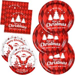 Gezond 200 Pcs Christmas Paper Plates and Napkins, Christmas Tree Red Plaid Disposable Plates, Incloud Dinner Plate Dessert Plate and Napkins for Holiday Party Supplies Serve 50