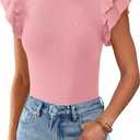 KIRUNDO Summer Sweaters for Women Lightweight 2025 Fall Ruffle Short Sleeve Business Casual Tops Slim Soft Knit T Shirts (S)