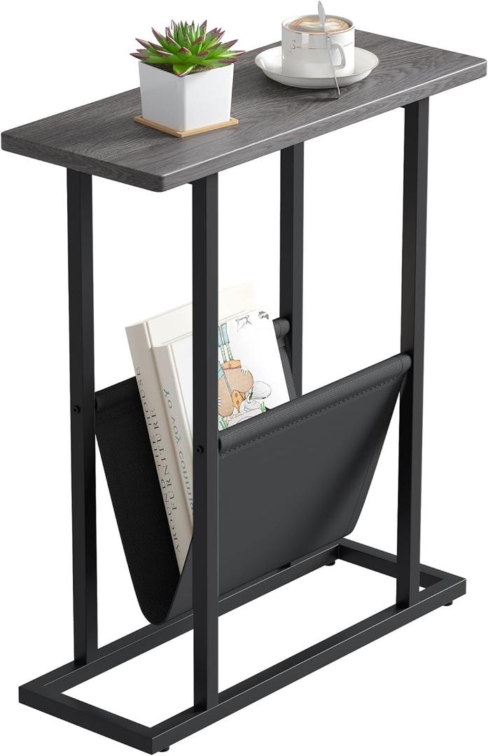 Yusong Narrow Side Table for Small Spaces, Small End Table with Magazine Holder, Skinny Slim Little Thin Table for Living Room, Bedroom, Sofa, Grey Oak