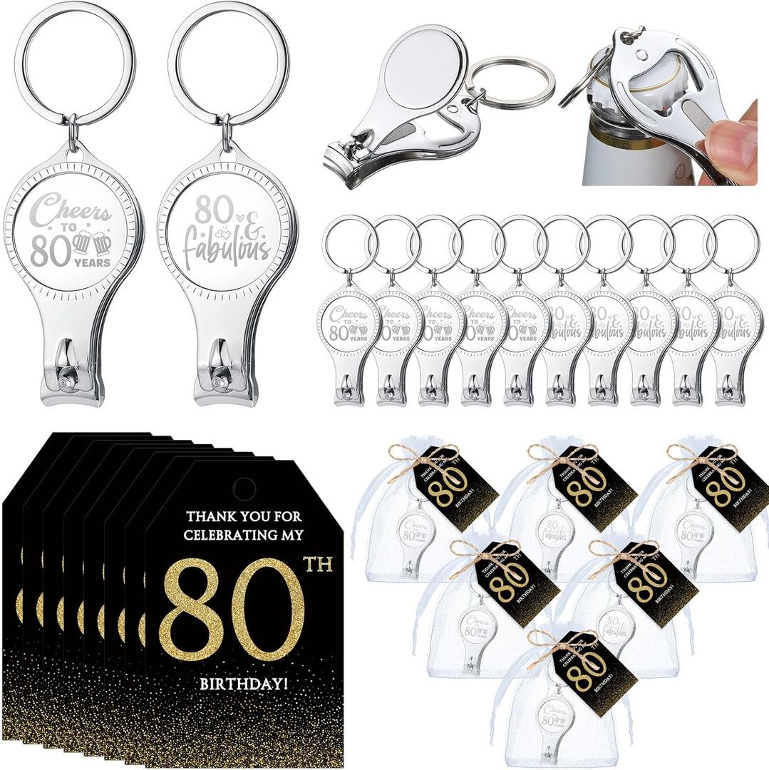 Zeyune 30 Sets 80th Birthday Party Favors for Guests Beer Bottle Opener Nail Clippers Keychains Bulk Thank You Cards with Organza Gift Bags for Birthday Anniversary Souvenirs Return Gifts