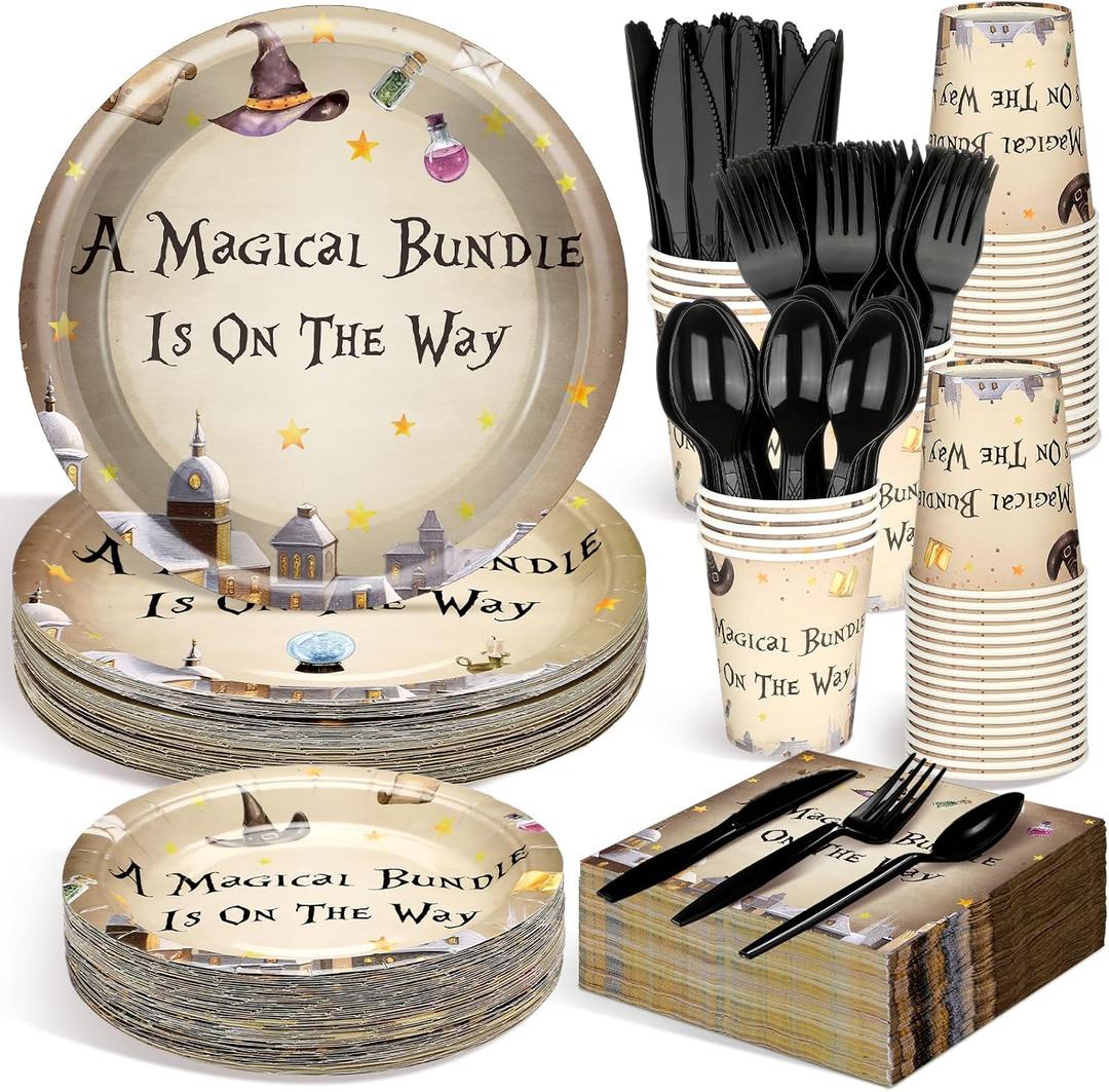 Dandat 350 Pcs Baby Shower Plates Set Baby Shower Party Supplies Serves 50 Tableware Sets Include Plates Napkin Cup Forks Knives Spoons Disposable Dinnerware(Magical Wizard,Black)
