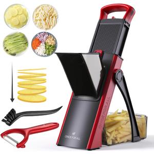 ONCE FOR ALL Safe Mandoline Slicer For Kitchen, Biger Size, Adjustable Vegetable Chopper Food Slicer Potato French Fry Cutter with Peeler, Detachable, Kitchen Chopping Artifact (Red)