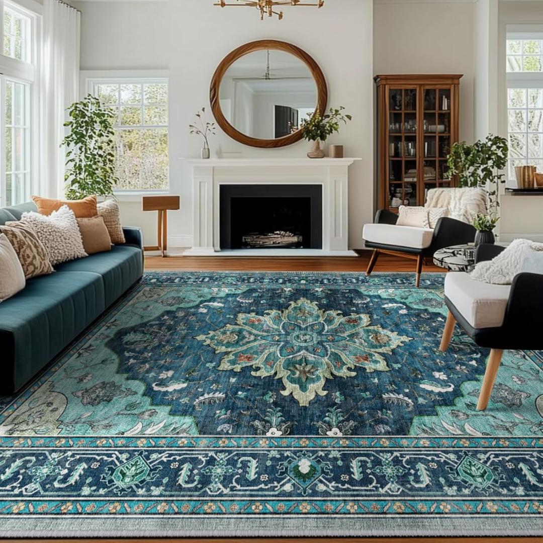 RELEANY Area Rugs 8'x10' Washable Non-Slip, Floral Vintage Distress Print Pattern Medallion Carpet for Living Room Bedroom Dining Room, Teal Green Lake Blue Turquoise