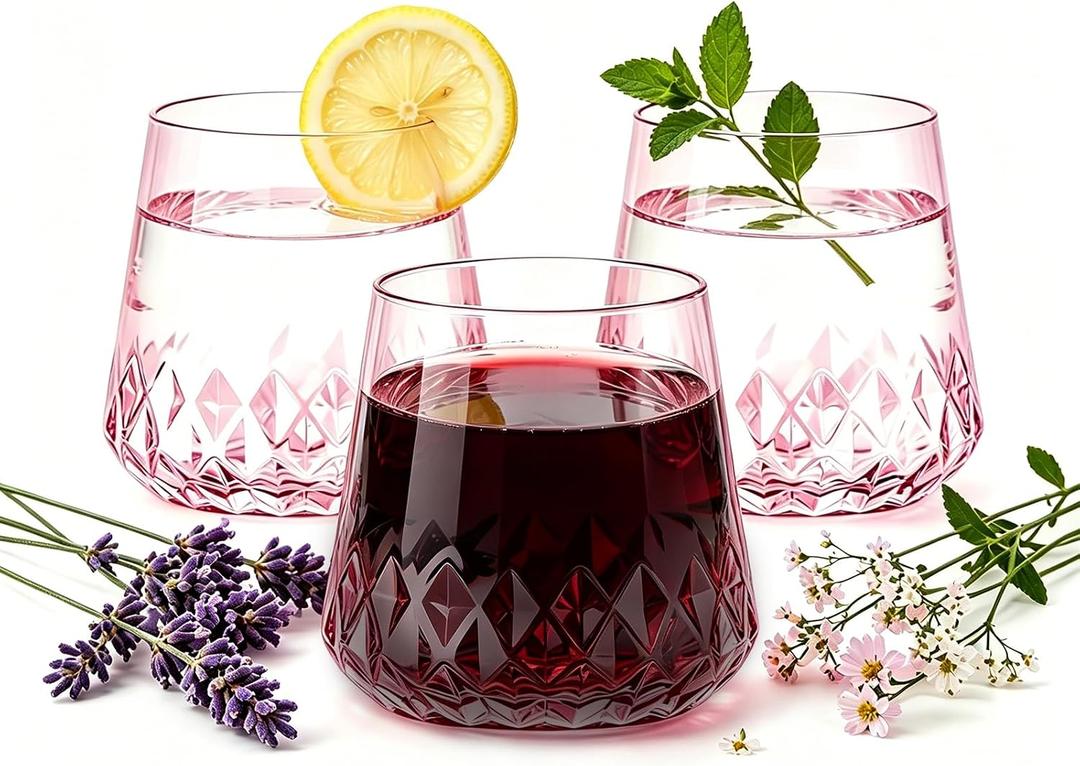 Lueumxc 40 Pack Pink Plastic Wine Glasses, 14Oz Rhombus Disposable Wine Glasses Unbreakable Clear Plastic Cocktail Glasses Recyclable Shatterproof Reusable Wine Cups, 3.5*3.1inches