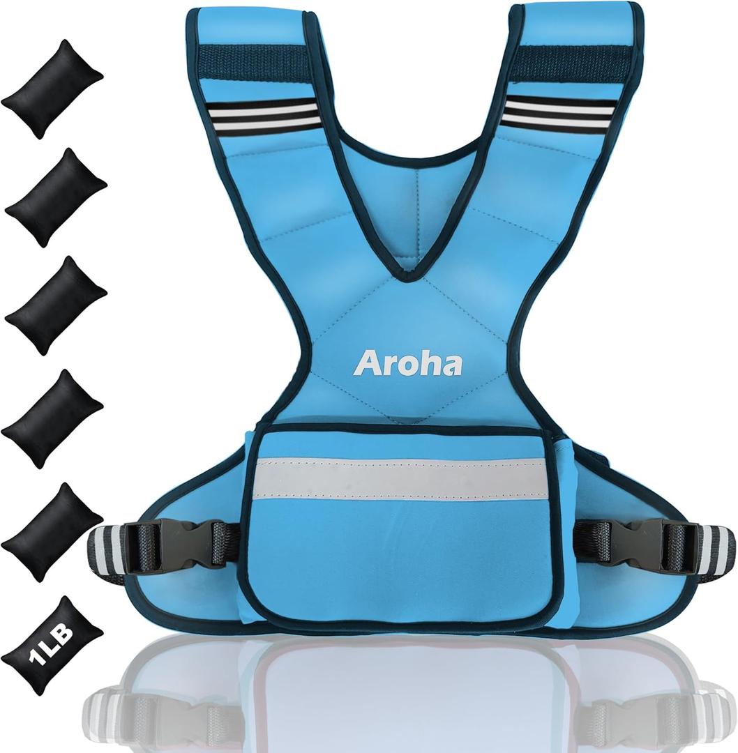 Adjustable Weighted Vest for Women & Men, 4-10lb/11-20lb/20-32lb Vest with 6 Ironsand Weights for Strength Training and Home Workout, Weight Vest with Reflective Strip for Running, Walking (Blue)