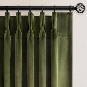 90 Inch Long Pinch Pleated Velvet Blackout Curtains for Living Room Bedroom Olive Green Vintage Heavy Room Darkening Thermal Soundproof Drapes with Back Tab and Hooks,2 Panels Set,40 x 90 Inches