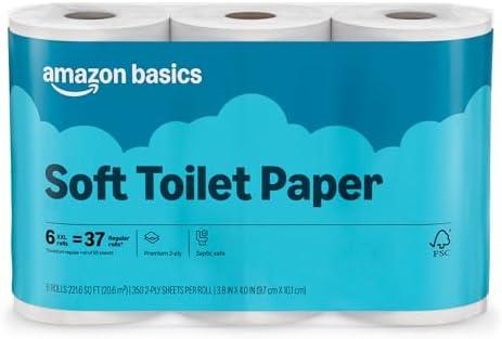 Amazon Basics 2-Ply Soft Toilet Paper, 6 Rolls (1 Pack of 6), Equivalent to 37 Regular Rolls, (5 pack)