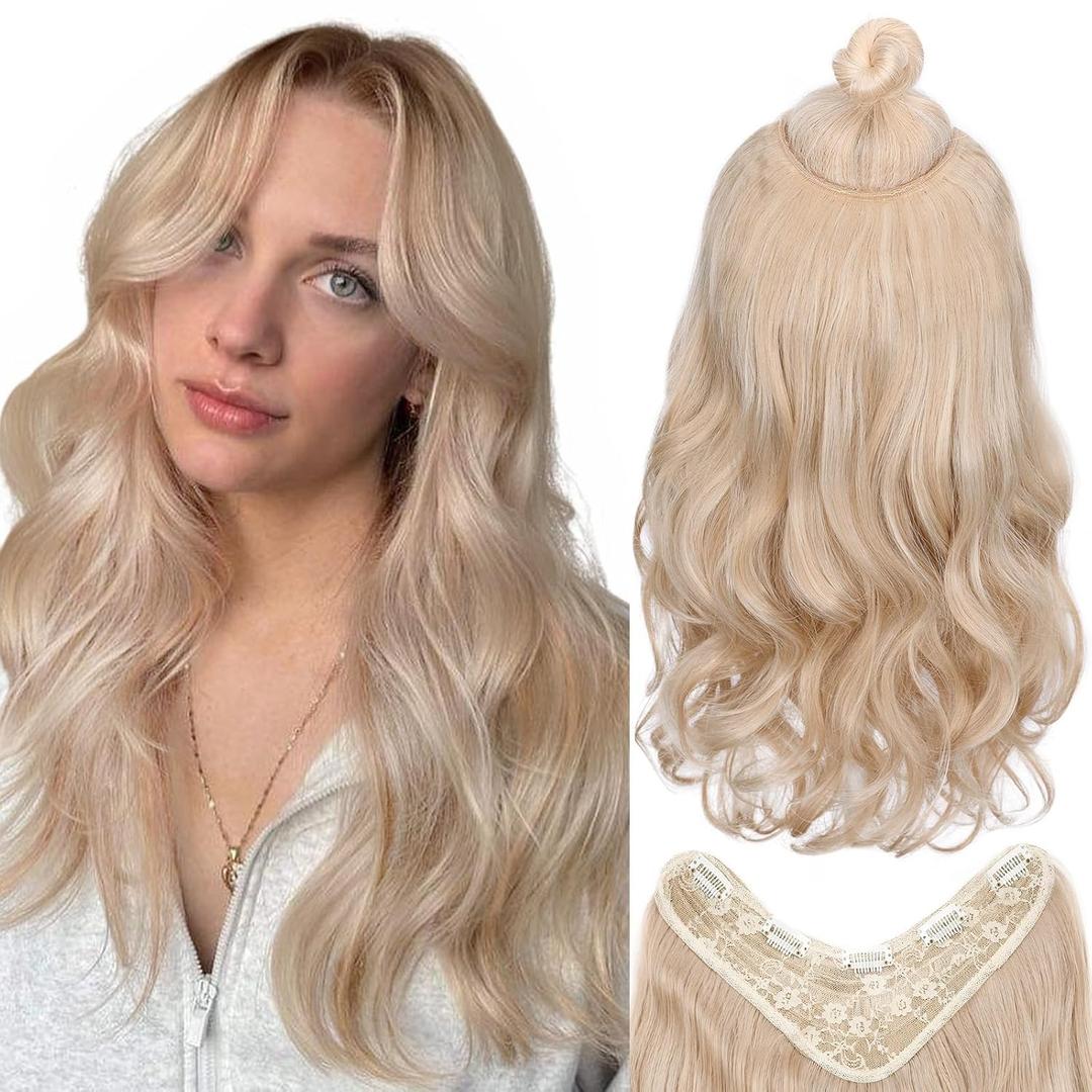 FAVE V-Shaped Clip in Extensions Ash Blonde Hair Extension Wavy Hair Extensions Synthetic One Piece Extensions with 5 Secure Clips Clip in Hair Extensions for Women 20 Inches