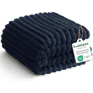 HIMEET Navy Blue Ribbed Queen Size Blanket for Bed - 300GSM Lightweight Fleece Blanket for Men Women, Large Sofa Couch Cover Bed Blankets Gifts, Striped Spring Home Room Decor, Navy Blue, 90x90 Inches