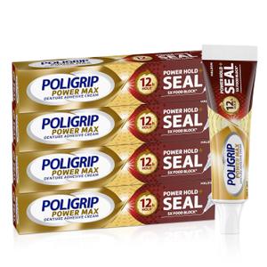 Poligrip Power Max Power Hold plus Seal Denture Adhesive Cream, Denture Cream for Secure Hold and Food Seal, Flavor Free - 2.2 oz (Pack of 4)