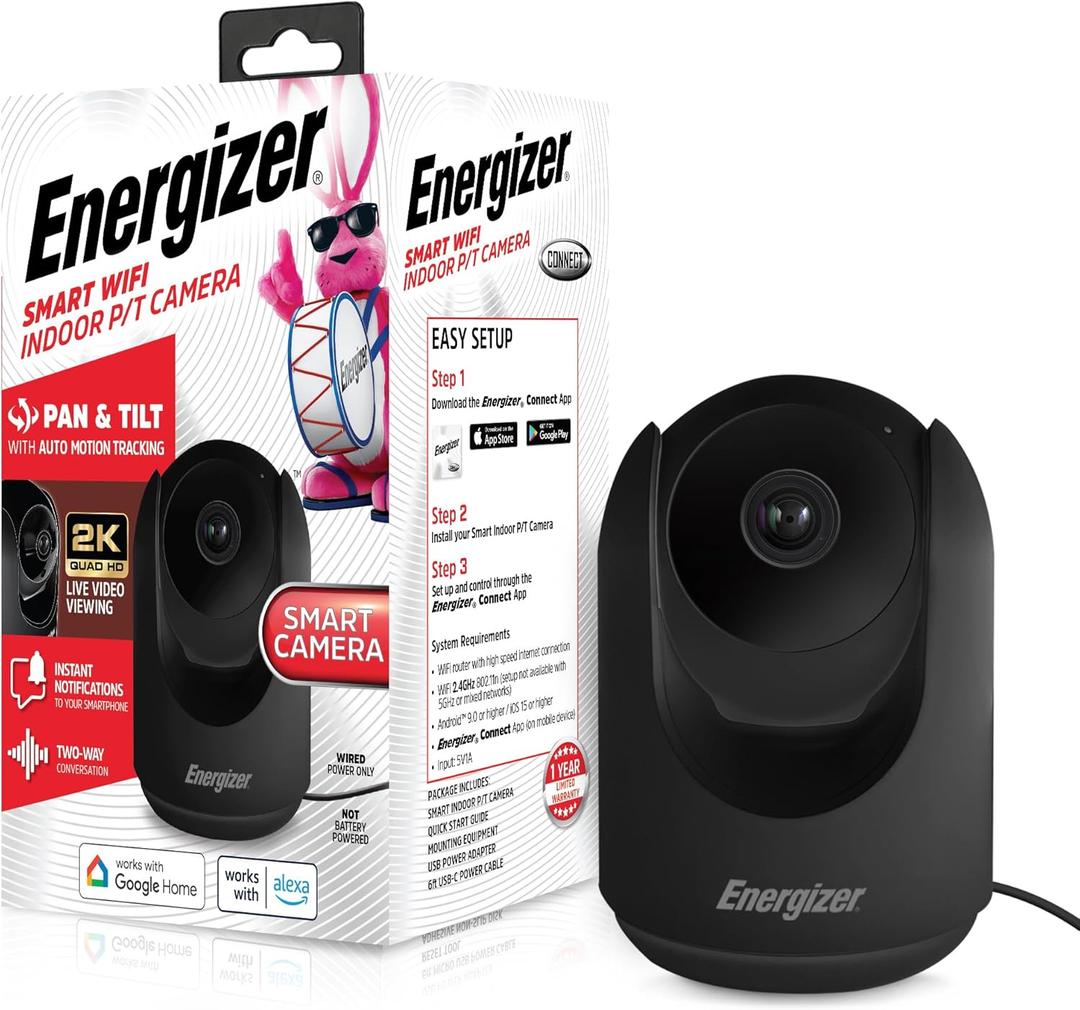 Energizer Smart 2K Indoor Pan & Tilt Wired Camera, Motion Tracking, Two-Way Audio, Night Vision, Instant Notifications, Recording, App, Hub-Free Wi-Fi Connection, Compatible with Alexa & Google Home