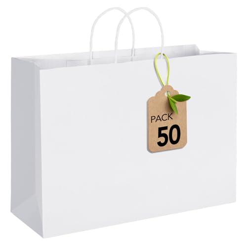 MESHA 16x6x12'' White Kraft Paper Bags With Handles,50 Pack Large Gift Bags Bulk Bulk Reusable for Business,Retail,Birthday,Wedding,Party,Favor,Merchandise,Grocery Shopping Bag