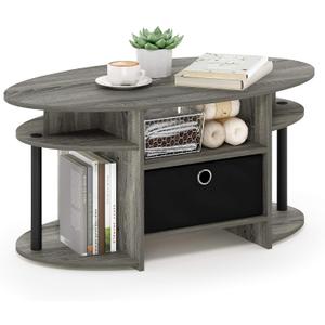 Furinno Jaya Oval Coffee Table, French Oak Grey/Black/Black, 19.7"d X 35.4"w X 16.4"h