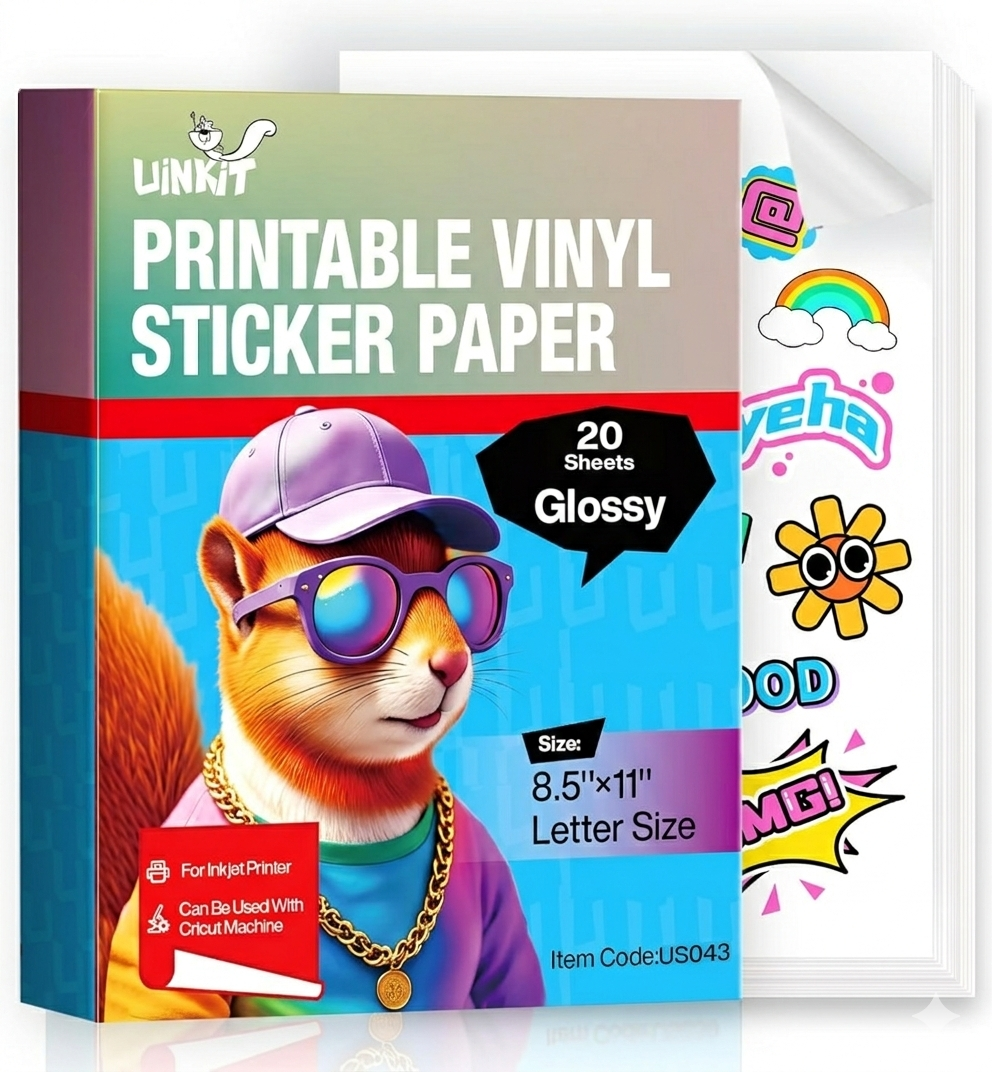 Premium Glossy Printable Vinyl Sticker Paper - Waterproof Quickly-Dries Strong-Adhesive 20 Sheets for Pet Photos & Kids Crafts, Tear-Resistant Decals (Letter Size 8.5"x11") for Inkjet Printers
