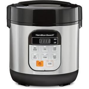 Hamilton Beach Digital Programmable Rice Cooker & Food Steamer, with Slow Hard-Boiled Egg Functions, Egg/Steam Tray, Small & Compact, 6 Cups Cooked (3 Uncooked), Stainless Steel (37524)