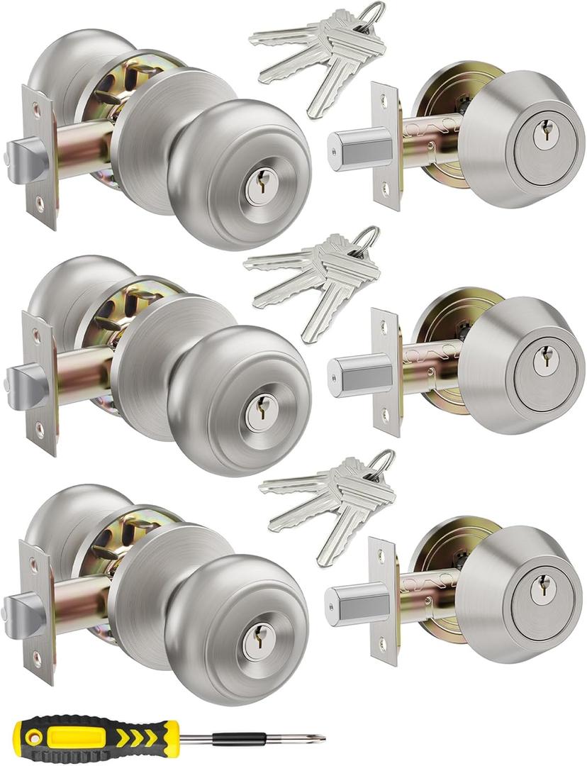 3 Set All Keyed Same Entry Door Knobs and Single Cylinder Deadbolt Combo Set for Entrance and Front Door, Keyed Alike Exterior Door Lock Set with Keys, Satin Nickel Deadbolt Lock and Door Knob Set