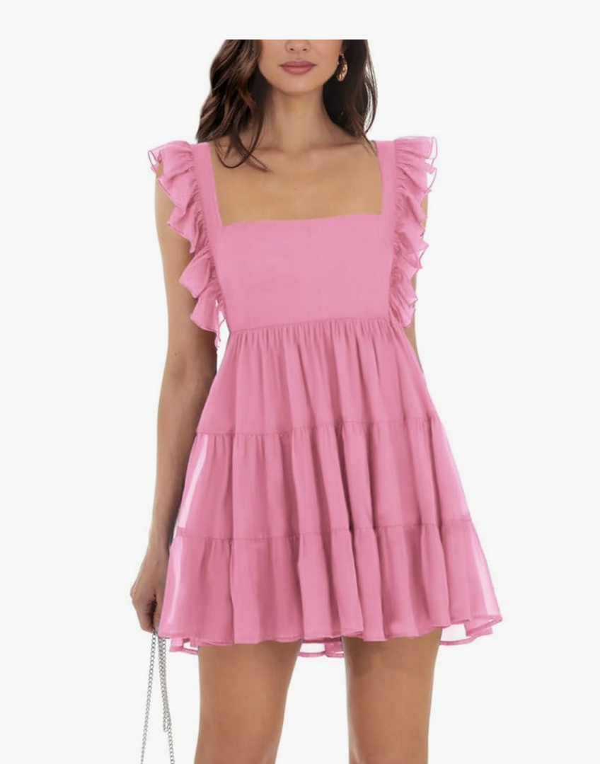 Women’s Summer Square Neck Tie Back Ruffle Sleeve Tiered Casual A-Line Short Mini Dress XS