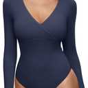 REORIA Womens Sexy Deep V Neck Bodysuit Cross Wrap Bodysuit Long Sleeve Double Lined Top Going Out Outfits