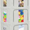 3 Pack Clothes Storage Bins, Foldable Metal Frame Storage Box with Lids,Stackable Linen Fabric Organizer Set with Carrying Handles,Zippers,and Clear Window (Grey Stripe, 66L)