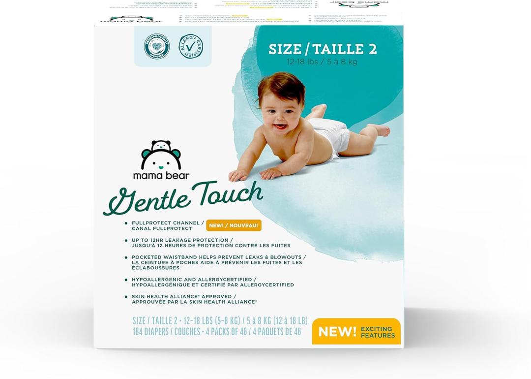 Amazon Brand - Mama Bear Gentle Touch Diapers, Size 2, 184 Count (4 packs of 46)