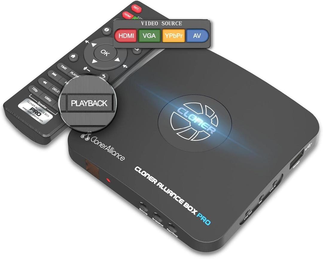 ClonerAlliance Box Pro, 1080p@60fps Video Recorder, DVR with HDMI Capture, Playback on TV. RCA/YPbPr/VGA to Digital Converter. Schedule Recording. No PC Required (Black)