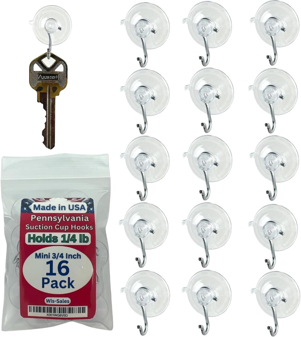 16-Pack Mini 3/4 inch (Made in Pennsylvania) Heavy Duty Suction Cup Hooks for Glass Windows. for Signs Holiday Ornaments Suncatchers (Holds  Pound)