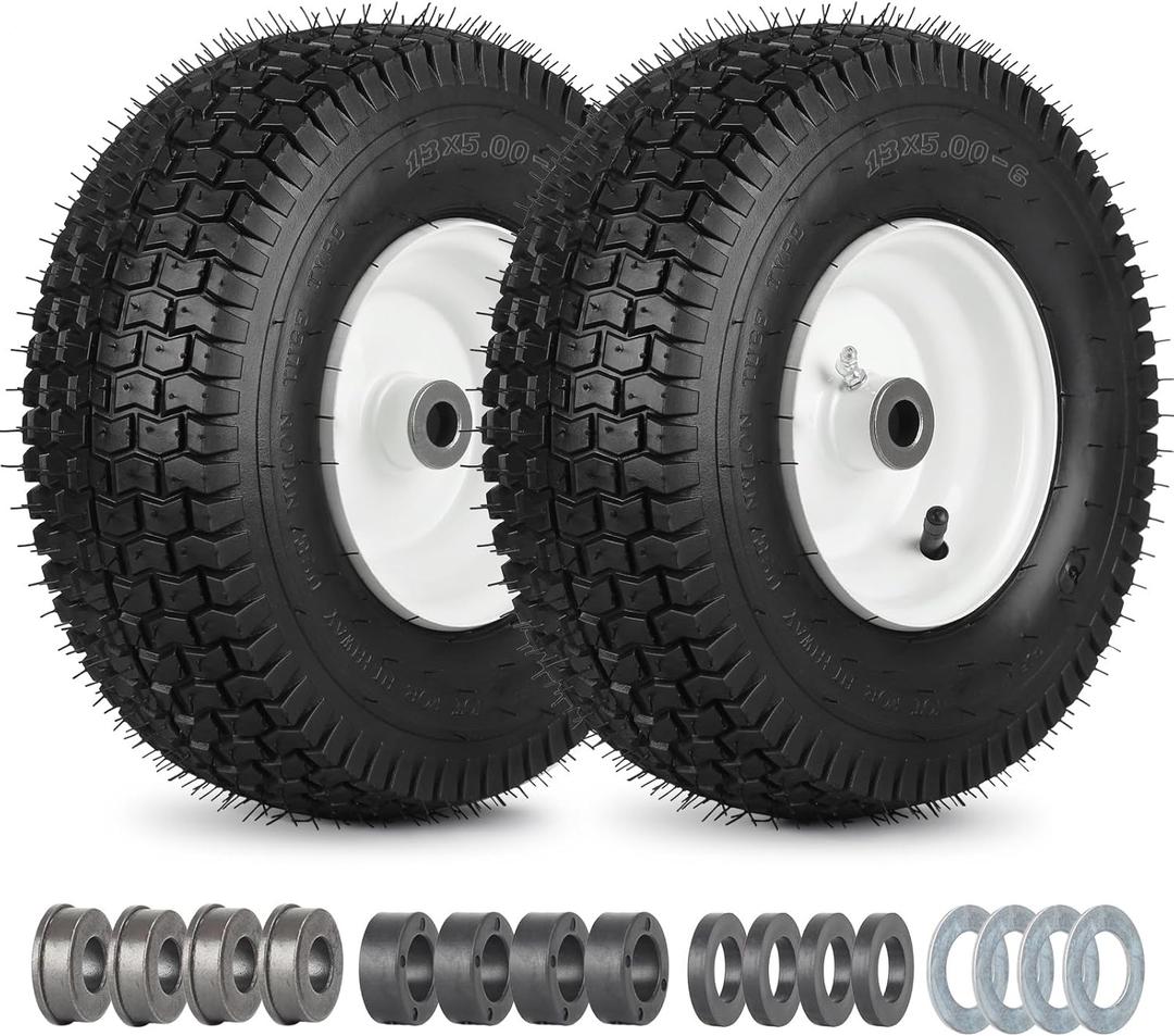13x5.00-6 Rubber Lawn Mower Tire and Wheel, 2 Pcs Replacement 13x5-6nhs Riding Mowers Lawn Pneumatic Tire with 3/4" Bushing, 3" -4.5" Centered Hub
