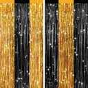 2Pack Black Gold Metallic Tinsel Foil Fringe Curtains, Door Streamers Photo Booth Backdrop for Birthday Party, Tinsel Curtain Backdrop for Wedding Baby Shower Bachelorette Christmas Party Decorations