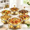 6QT Gold Chafing Dishes for Buffet 6-Pack, Round Chafers and Buffet Warmer Sets with Glass Lids, High Grade Stainless Steel, Rolled-Edge, Stackable Design – for Catering, Parties, and Weddings