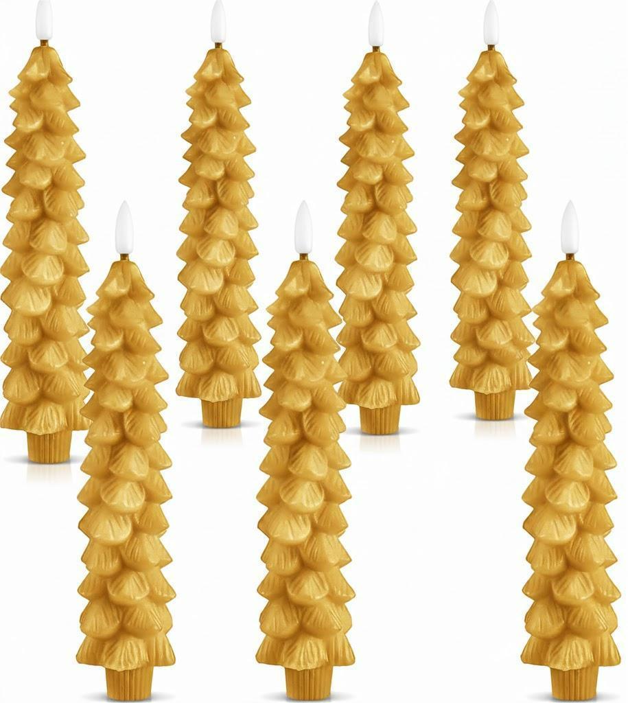 Funtery 6 Pcs LED Christmas Tree Flameless Taper Candles Real Wax Battery Operated Candlestick Lights with 3D Flame and Remote Timer Window Fireplace(Gold, Christmas Tree)