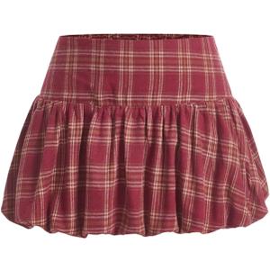 SweatyRocks Women's Plaid Ruffle Mini Bubble Skirt A Line Low Rise Skirts Skort (Medium, Red)