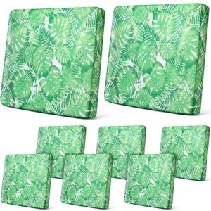 Newwiee 8Pcs Patio Cushion Covers Stretch Outdoor Cushion Cover Replacement for Patio Furniture Sofa Couch Slipcovers, Soft Flexibility Washable Furniture Protector(Monstera,Green)