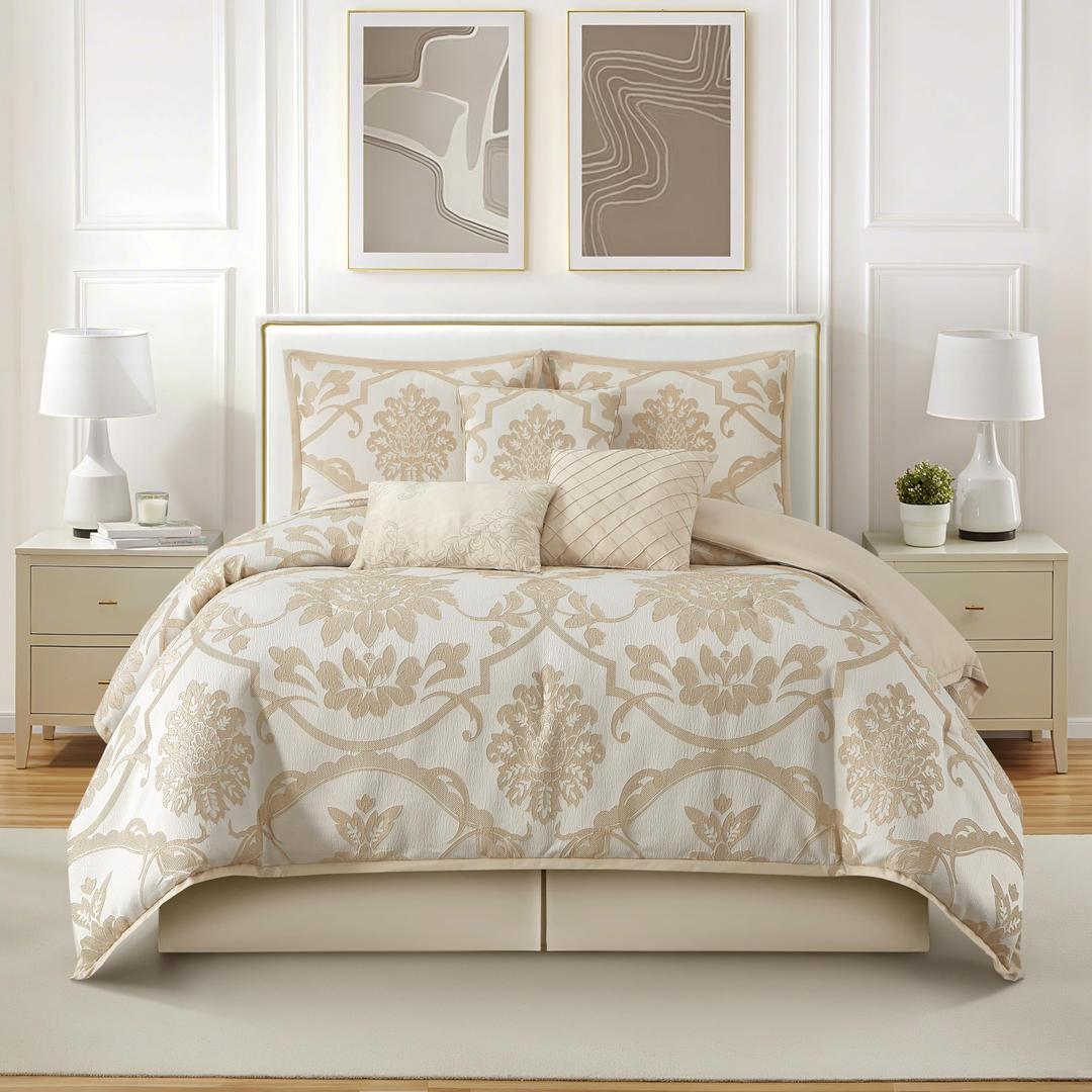 Stratford Park 7 Piece Gold Comforter Set, Elegant Floral Queen Size Bedding, Jacquard with Matching Solid Microfiber Piece Work, All Season Bedding Sets, Matching Bedskirt, Pillow Shams