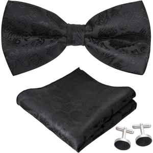 Bow Tie Pocket Square Cufflinks Set for Men, Adjustable Pre-tied Bowtie, Men's Tuxedo Bow Ties (Black)