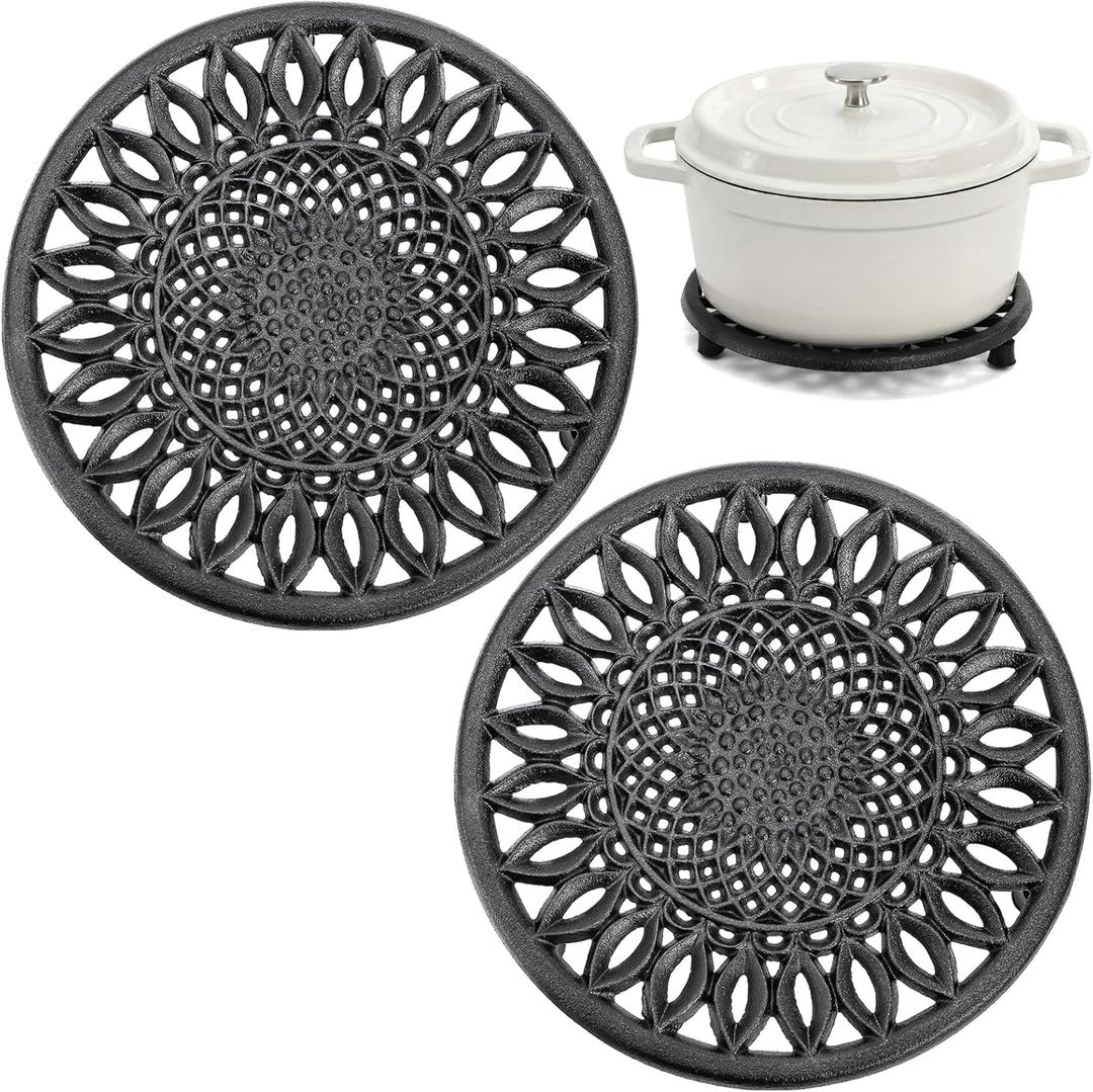 2 Pack Cast Iron Trivet, 7.8'' Sunflower Round Metal Trivets with Rubber Feet Caps, Heavy-Duty Heat Resistant Hot Pot Stand Dishes Holder for Kitchen, Dining Table, Countertop