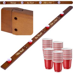 FoldTier Shot Ski Board for 4 Persons, Vintage Wooden Shot Drinking Board with 50 Red Plastic Cups for Party Birthday Winter Gift Gathering Wine Decor Ornament Roulette Game(Wedding)